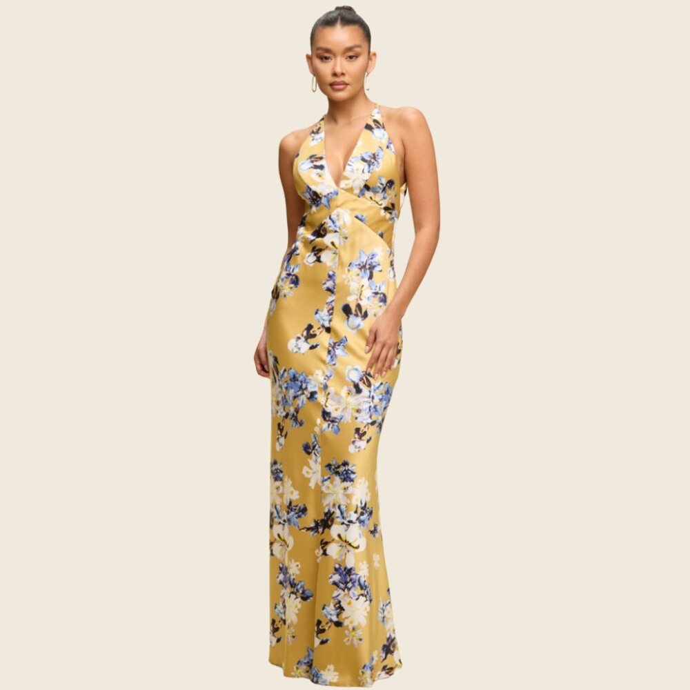 NWT Elegant Yellow Floral Halter Maxi Dress | Satin Look | Summer Wedding Guest